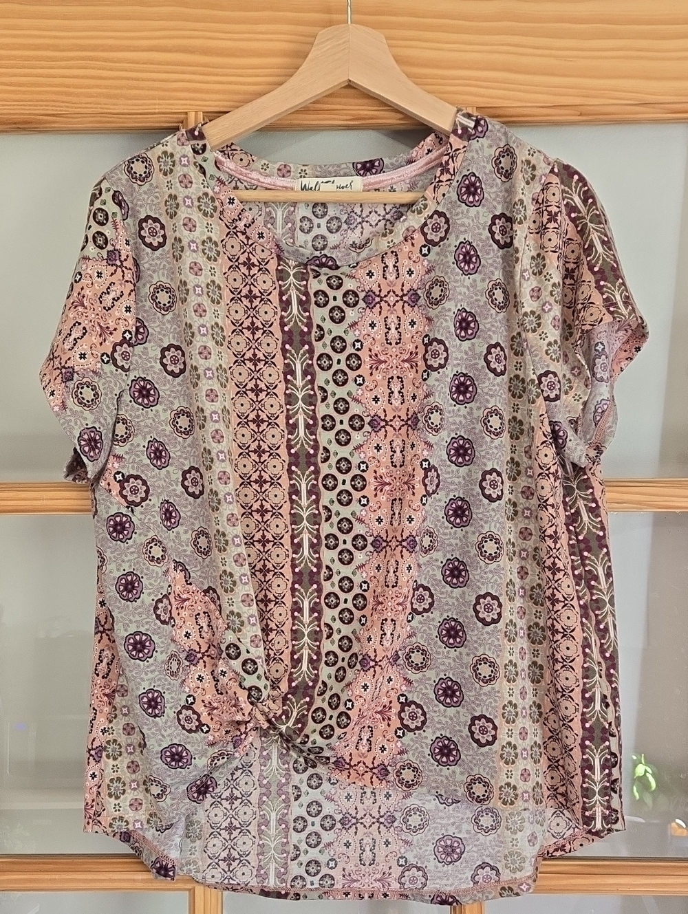 Wallflower Pink and Purple Short Sleeve Knot Front Top 1x